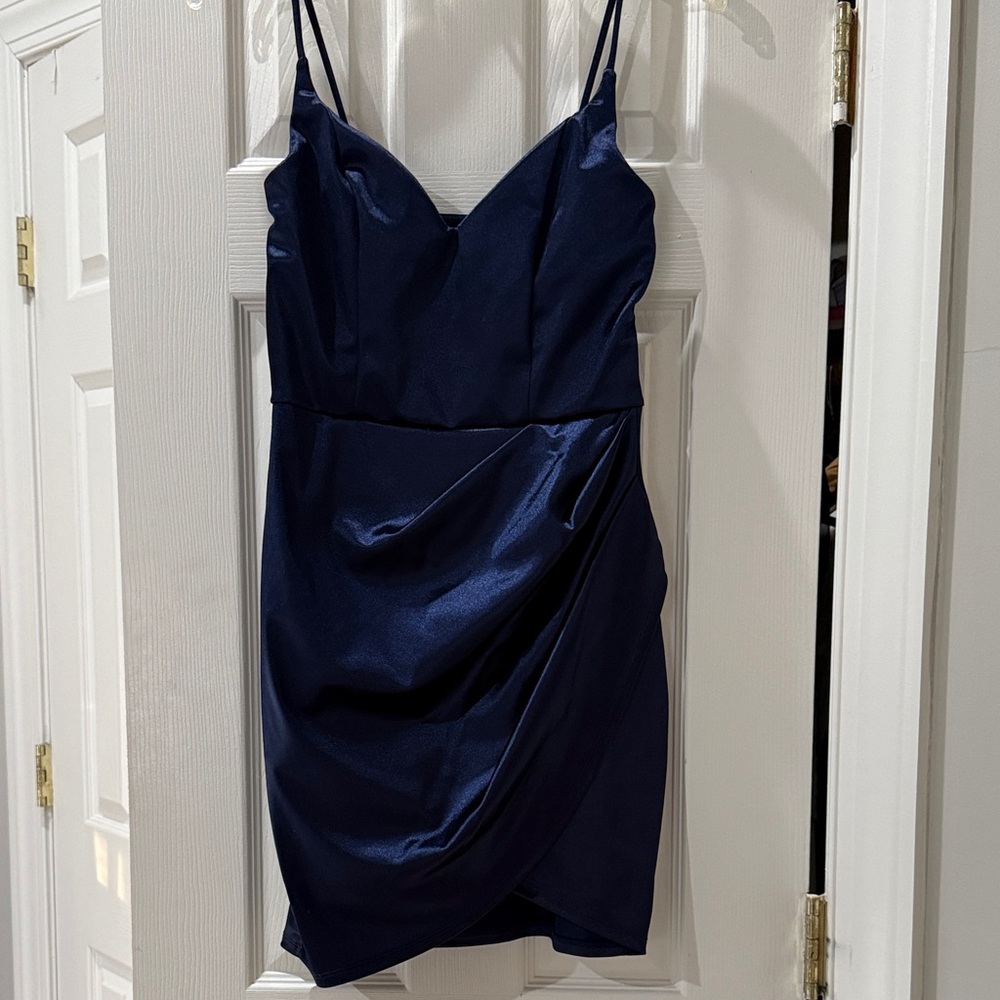 Windsor Midnight Navy Blue Satin Mini Dress with Draped Tulip Skirt